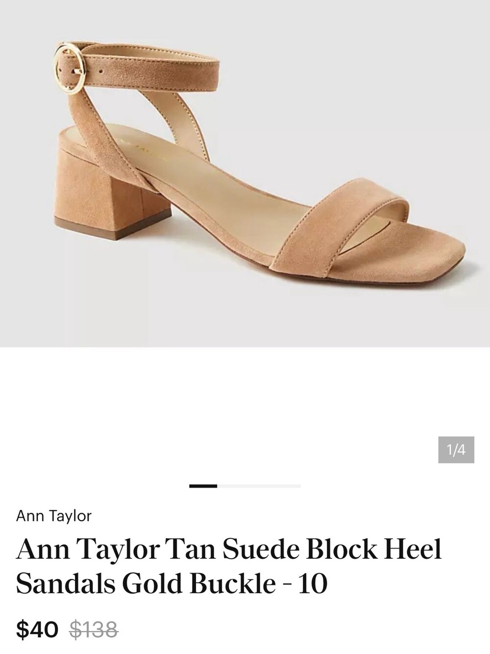 Ann Taylor Tan Suede Block Heel Sandals Gold Buckle - 10